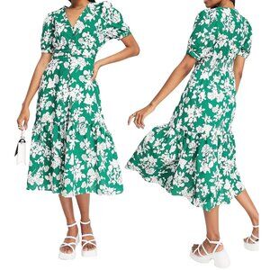 ASOS Urban Revivo Floral Print Midi Dress with Peplum Hem Green Size Large